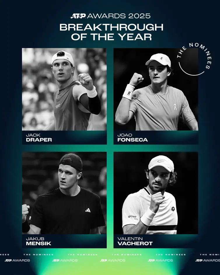 Reprodução X/ATP Tour joão fonseca é finalista do prêmio atp awards 2025 na categoria maior evolução do ano, em 20/11/2025