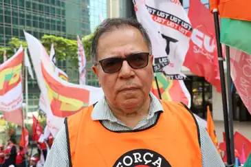 São Paulo (SP), 18/03/2025 - O secretário-geral da Força Sindical, João Carlos Gonçalves, conhecido como Juruna, participa do ato das centrais sindicais pela redução da taxa selic em frente ao prédio do Banco Central, na avenida Paulista. Foto: Rovena Rosa/Agência Brasil