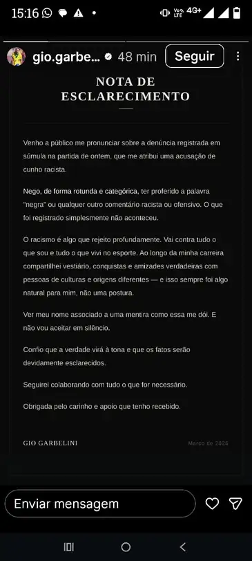 nota de esclarecimento - Gio Garbelini - atacante do Atlético de Madrid - denúncia de racismo