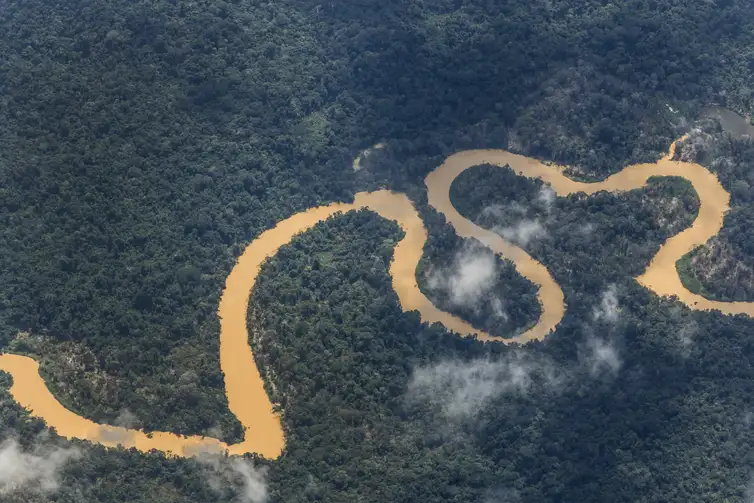  Rios contaminados têm coloração e margem afetadas pela atuação de garimpo ilegal na região do Surucucu, dentro da Terra Indígena Yanomami, Oeste de Roraima, avistados em sobrevoo da Força Aéra Brasileira para lançamendo de suprimentos. Foto: Fernando Frazão/Agência Brasil