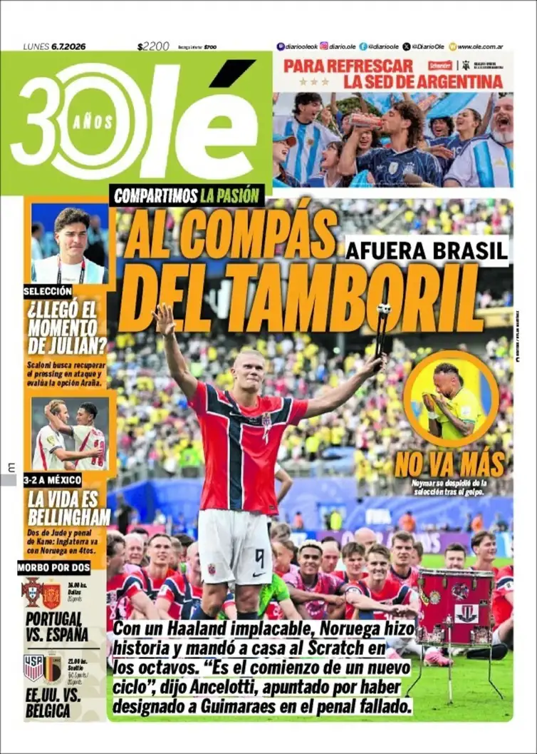 Brasília (DF), 06/07/2026 - Capa do jornal Olé fala da elimininação do Brasil pela Holanda na Copa do Mundo de 2026. Foto: Olé/Divulgação